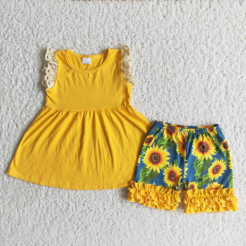 promotion A10-24 Sunflower lace puffy top set yellow ruffles short sleeve shorts girl outfit 20230309 RTS