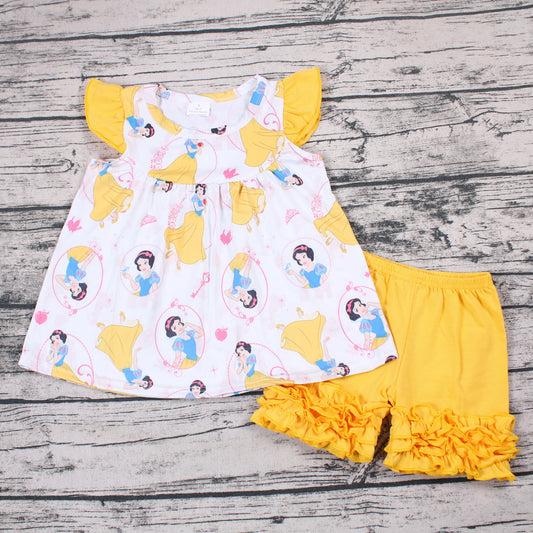 promotion A17-5-1 Snow White puffy top set yellow ruffles short sleeve shorts outfits