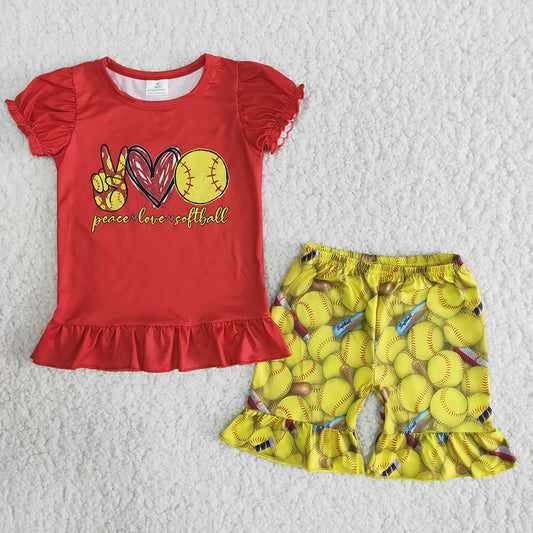 Promotion B4-24 Peace love softball red top Baseball yellow ruffles short pants set 20230323