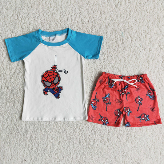 Spider blue short sleeve top red pattern shorts boy outfit