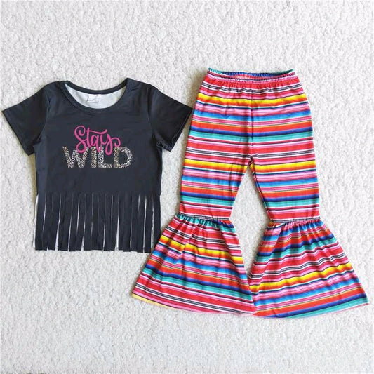 promotion  D13-2 stay wild letters tassels stripe short sleeve bell bottom pant outfit