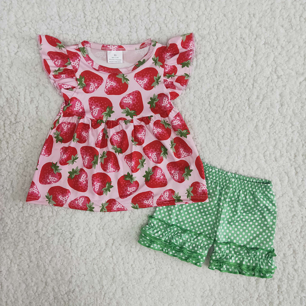 Strawberry pink puffy green Polka Dots ruffles short sleeve shorts outfits