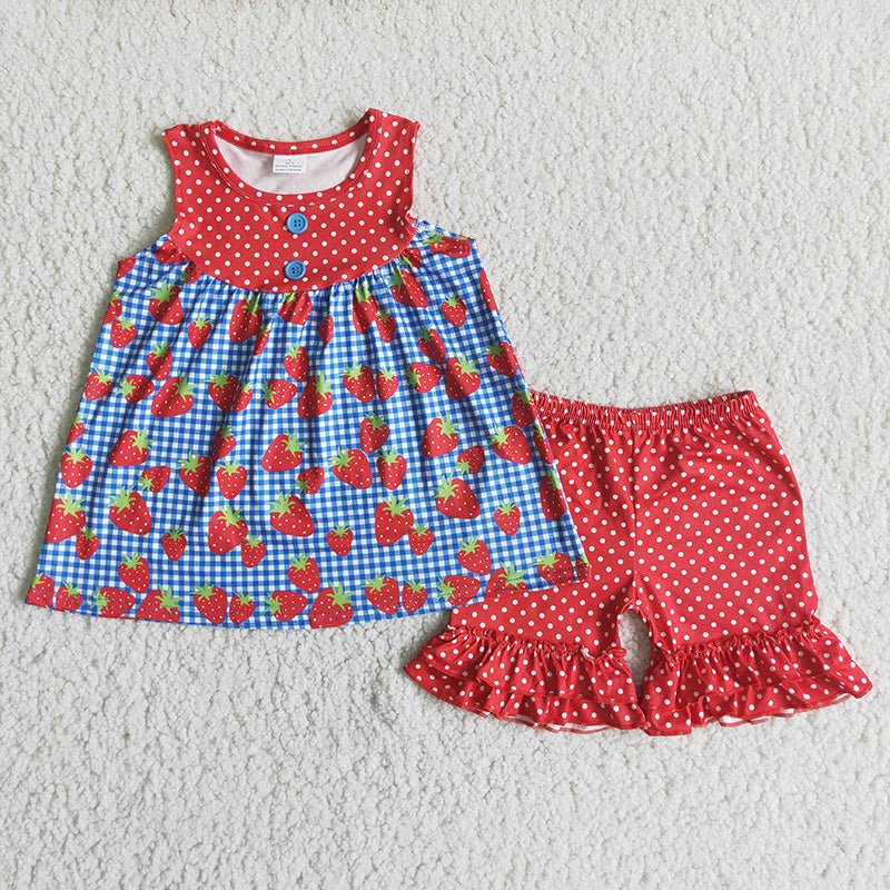 promotion Strawberry Polka Dots button red top ruffles short pants set