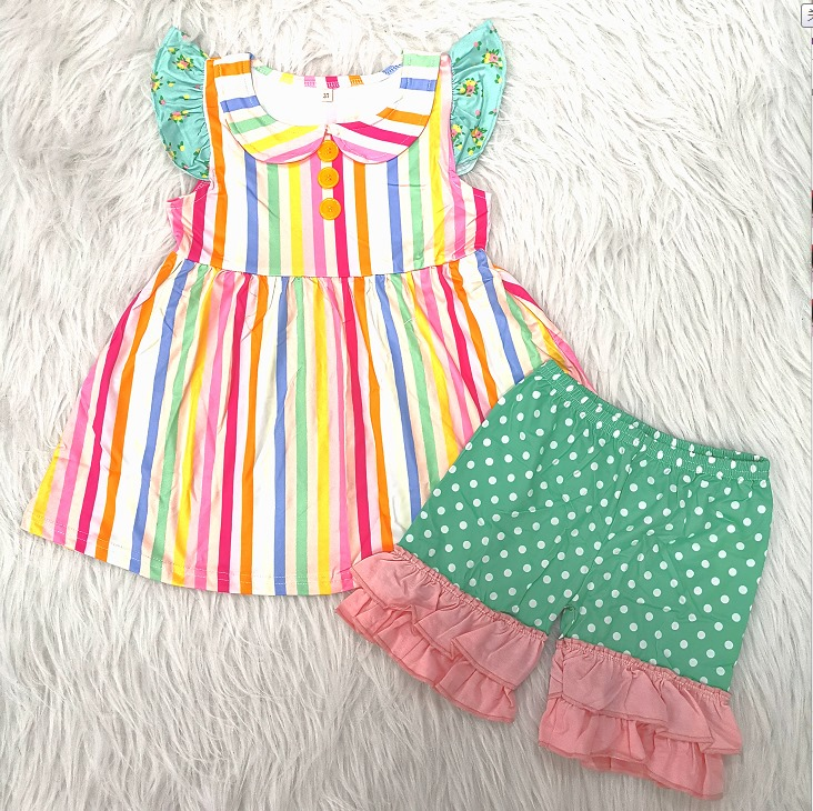 promotion A15-9 Stripe colorful button pink puffy green Polka Dots ruffles short sleeve shorts girl outfit 20230323 RTS