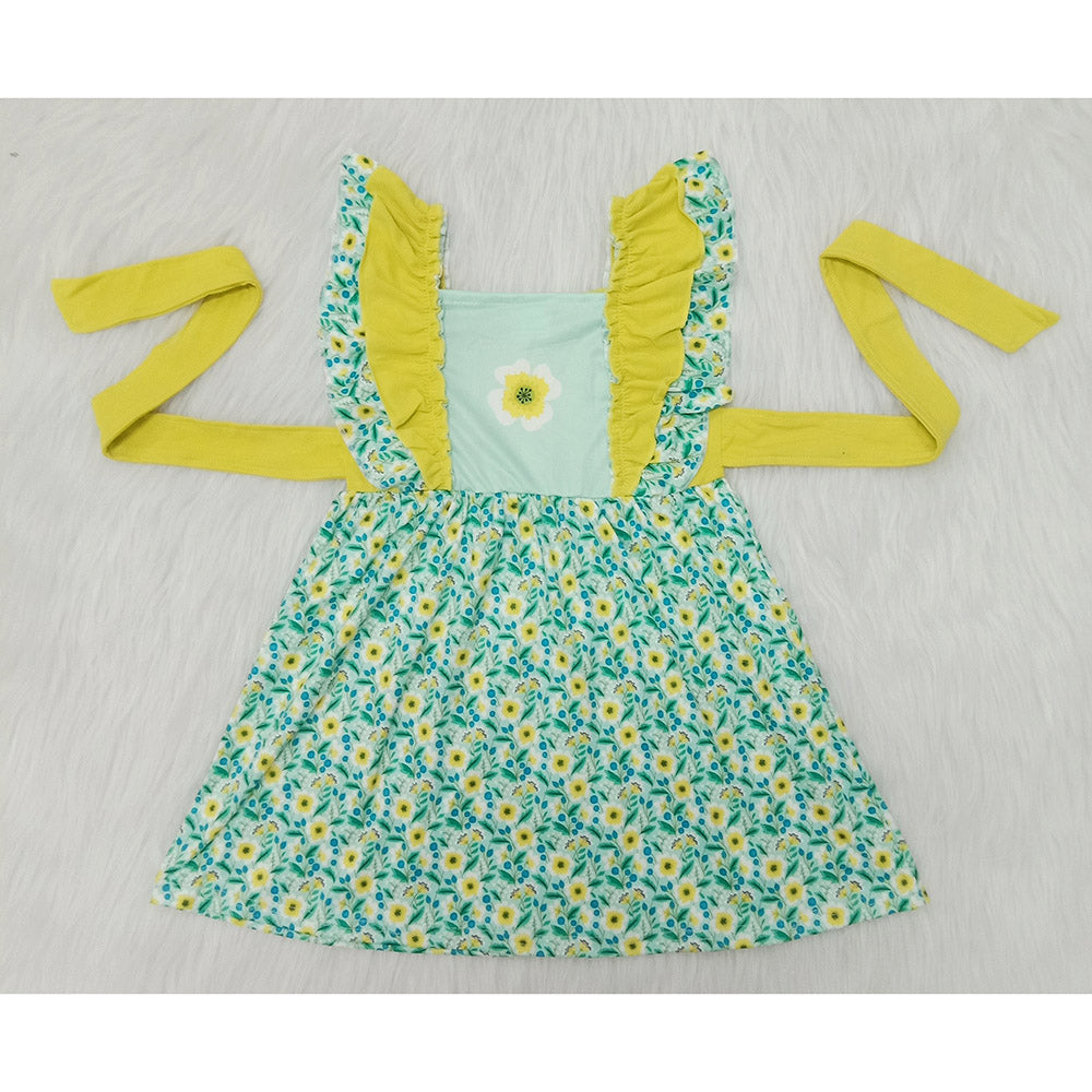 Sunflower pattern belt ruffles puffy sleeveless dress