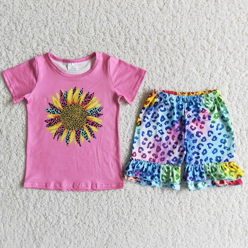 promotion D11-11 Sunflower pink top colorful leopard ruffles short pants set 1220 RTS