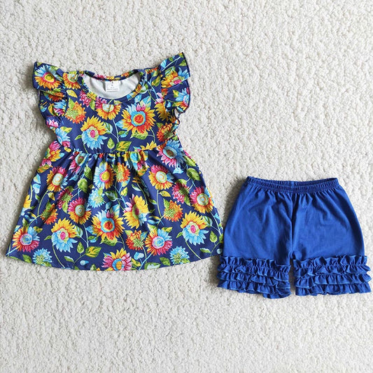 Promotion Sunflower puffy blue ruffles short sleeve shorts girl outfits