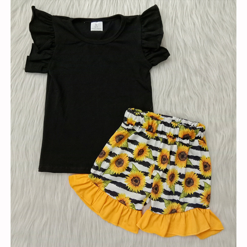 promotion Sunflower black puffy top stripe yellow ruffles short pants set