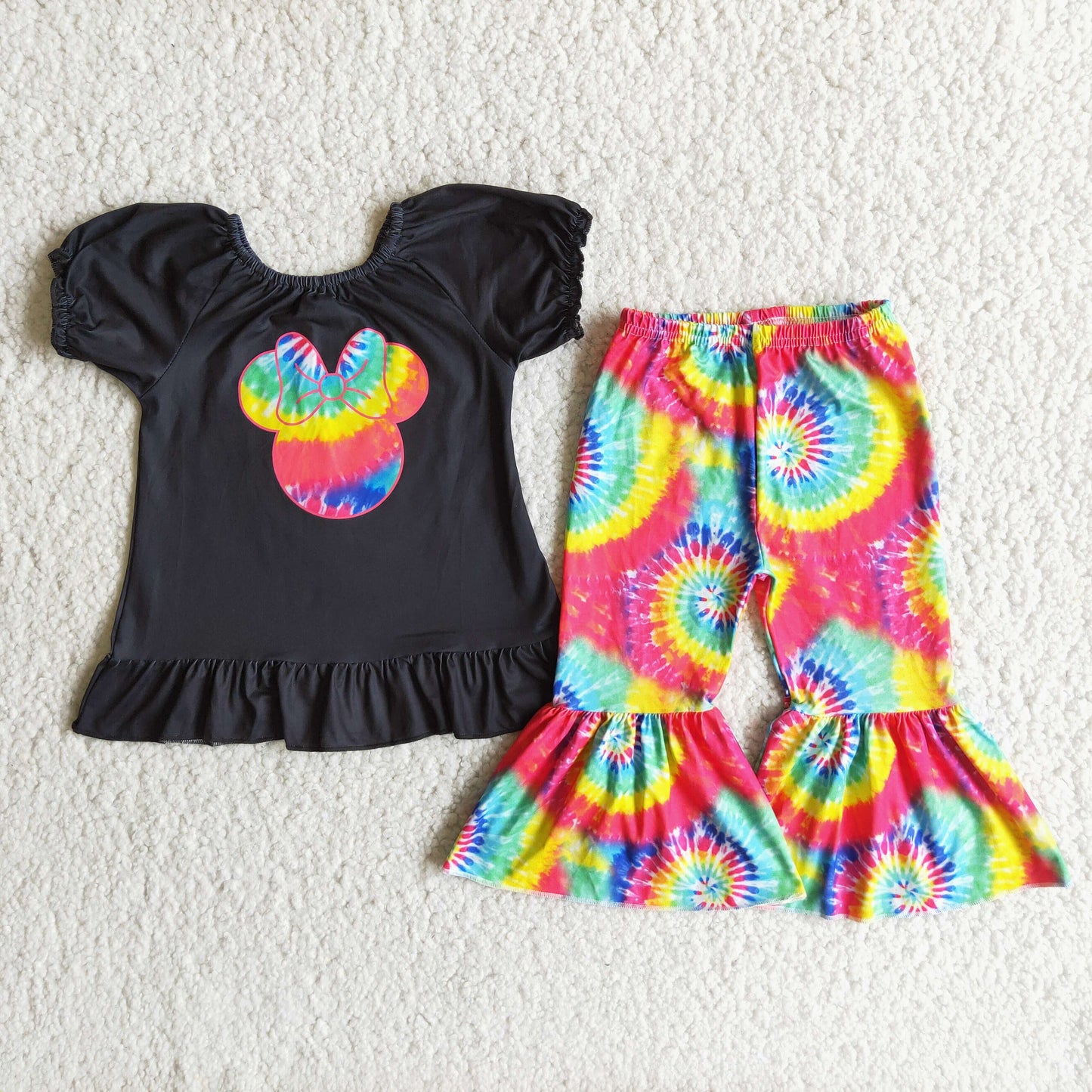 promotion A3-10 cartoon tie-dyed colorful black short sleeve bell bottom girl outfit RTS 202402