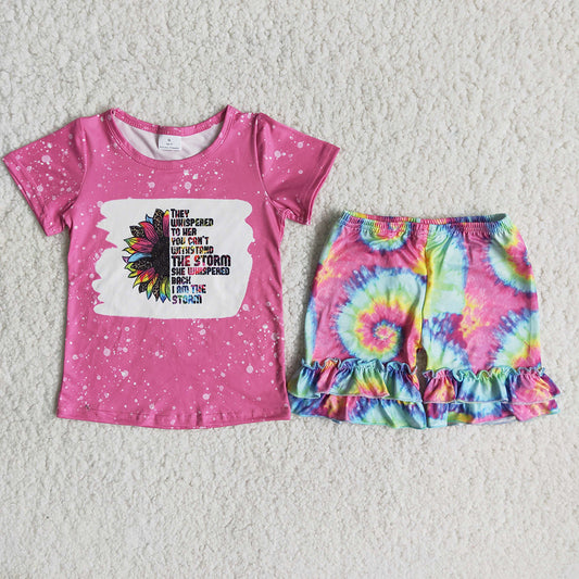 promotion Tie dye sunflower pink bleaching top pattern ruffles short pants set