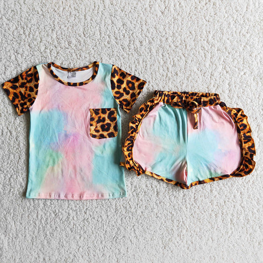 promotion Tie dye pink top leopard print pocket pattern ruffles short sleeve shorts outfits