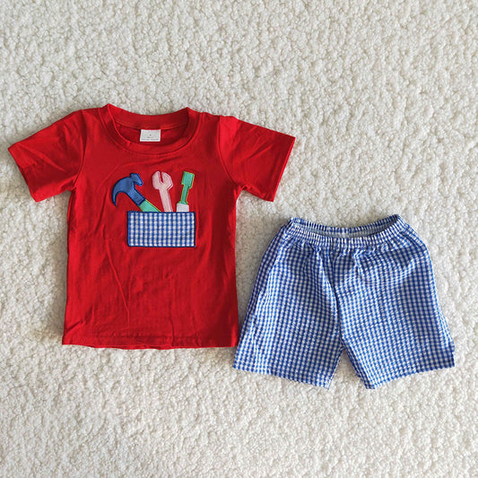 hammer Tool embroidery red blue plaid boy short sleeve shorts outfits 0926 RTS