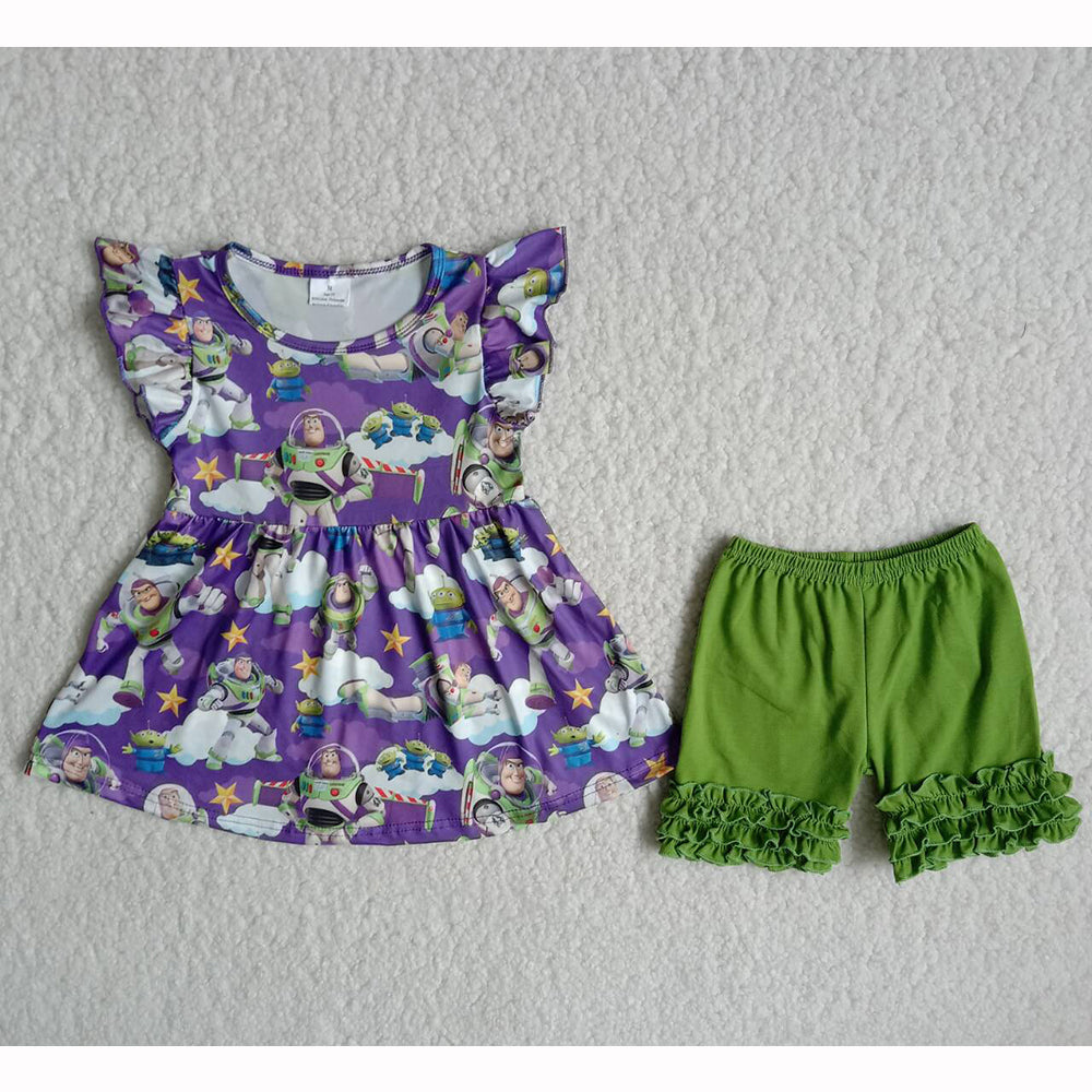 Promotion B18-2  Purple puffy short sleeve green ruffles shorts summer girl outfits RTS 1221