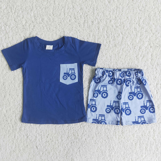 Tractor pocket blue top pattern short pants set