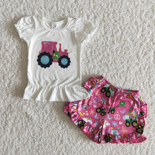 promotion RTS Tractor puffy top pink flower ruffles short pants set 0514