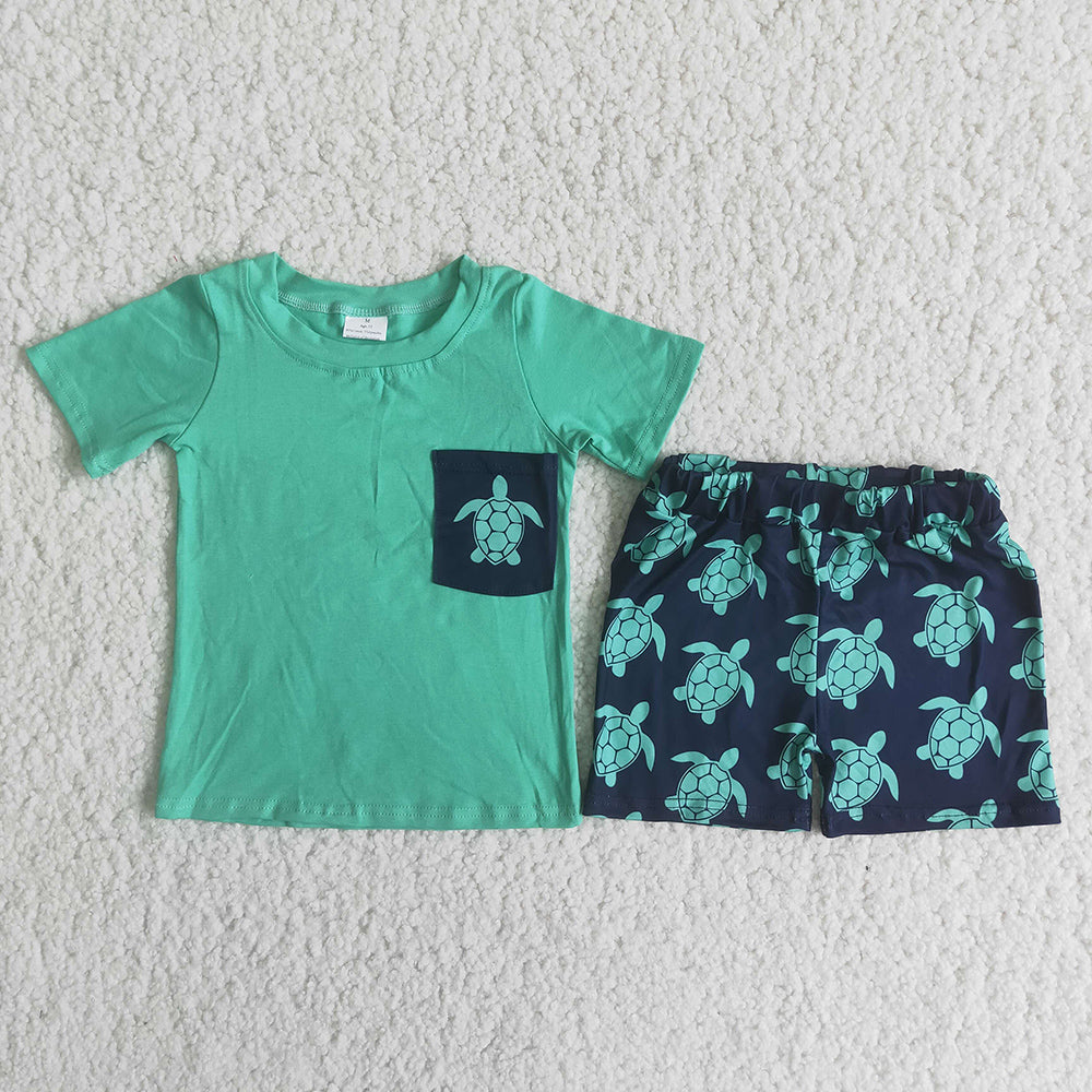 promotion C9-4 Turtle pocket green top pattern short pants set 202405 RTS