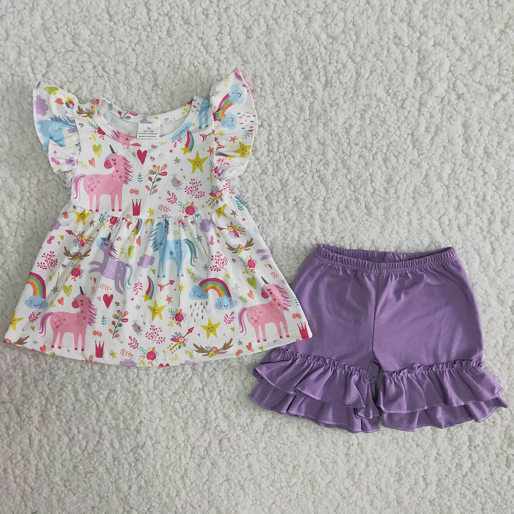 promotion Unicorn rainbow puffy top set purple ruffles short sleeve shorts girl outfit rts