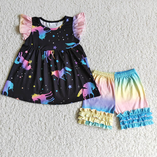 promotion D2-26 Unicorn start black puffy yellow blue ruffles girl short sleeve shorts outfits 20230214
