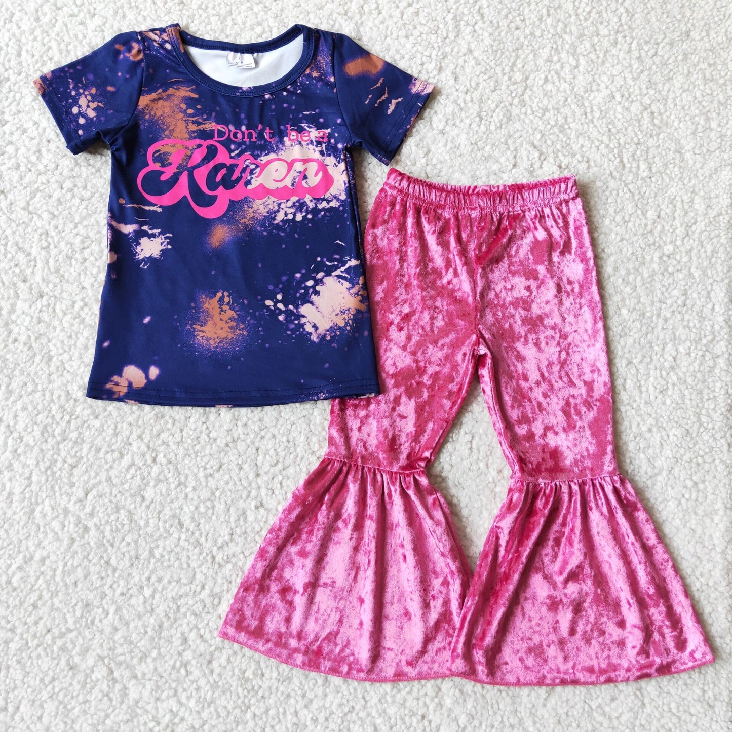 promotion A4-22 letters hotpink velvet short sleeve bell bottom pants outfit 0616 RTS