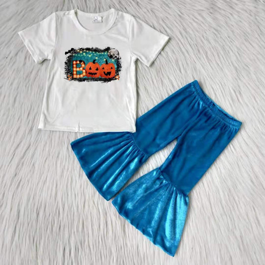 halloween pumpkin blue velvet short sleeve bell bottom pants outfit