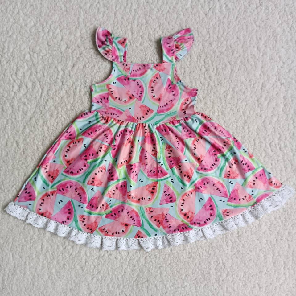 Watermelon pattern lace pink puffy sleeveless dress