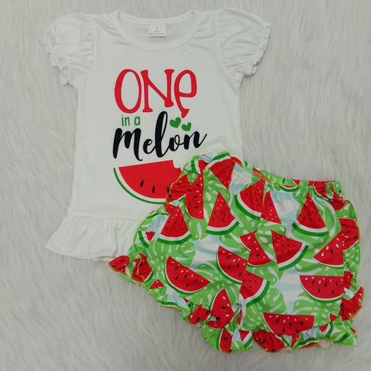 Watermelon white top pattern ruffles short pants set