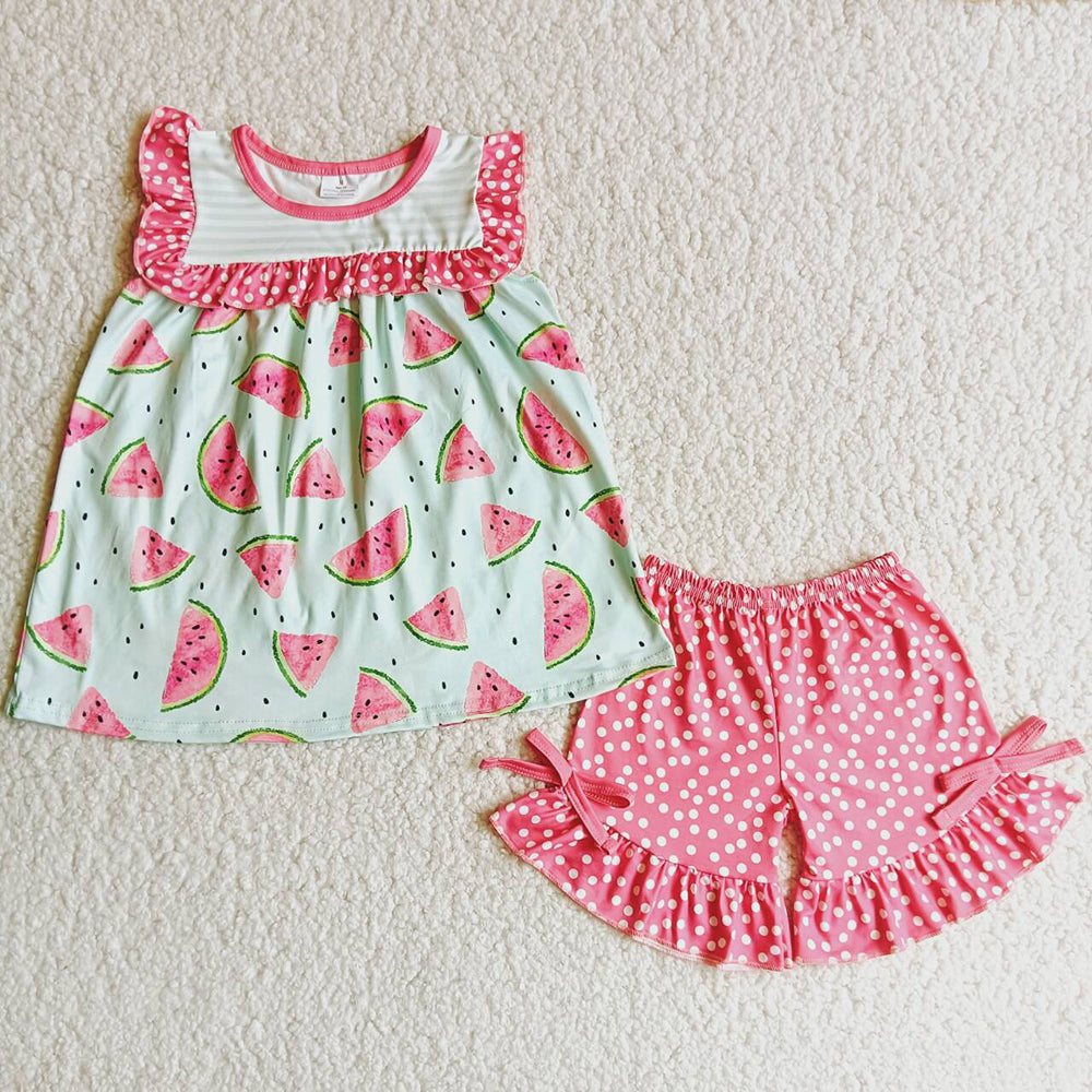 promotion D10-29 Watermelon pink stripe top Polka Dots ruffles short pants set  RTS 202404