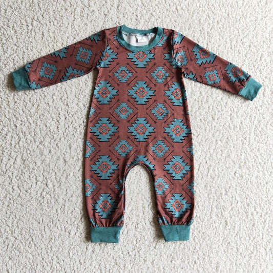 RTS bandana green brown pattern long sleeve boy romper 1208