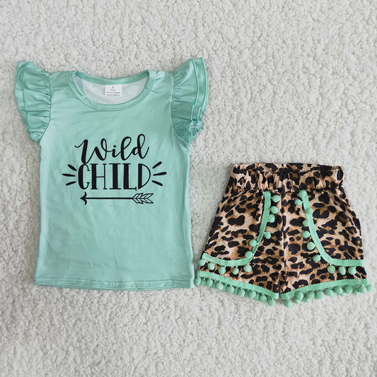 promotion A15-24 Wild child green puffy top pompom leopard ruffles short pants set