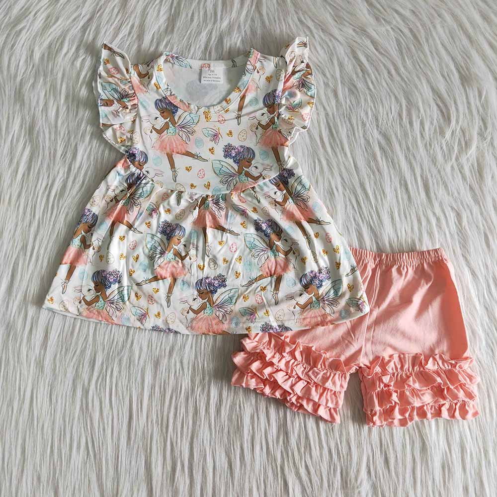 Beautiful girl puffy set pink ruffles short sleeve shorts outfits