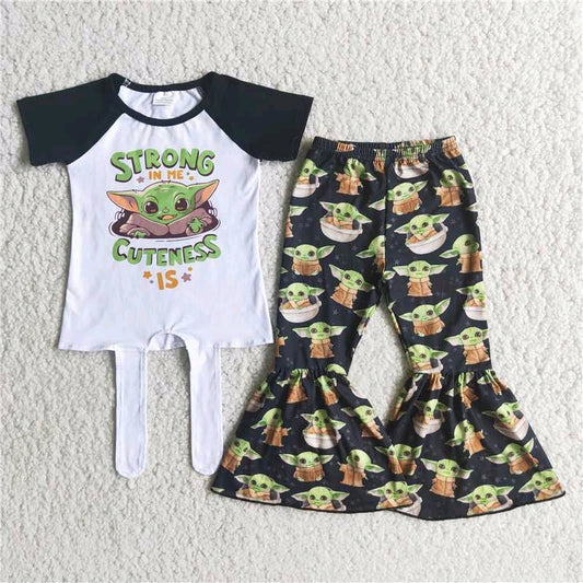 E1-2 crisscross cartoon star war short sleeve bell bottom pants girl outfit 202407 RTS